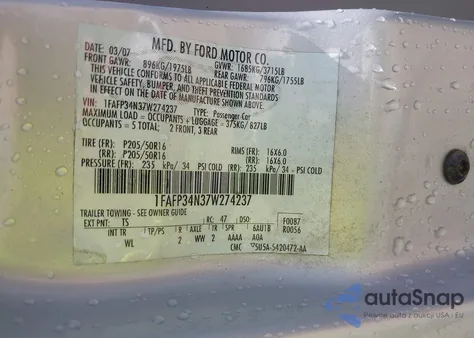 2007 Ford Focus S/Se/Ses z USA, uszkodzony, nr VIN 1FAFP34N37W274237